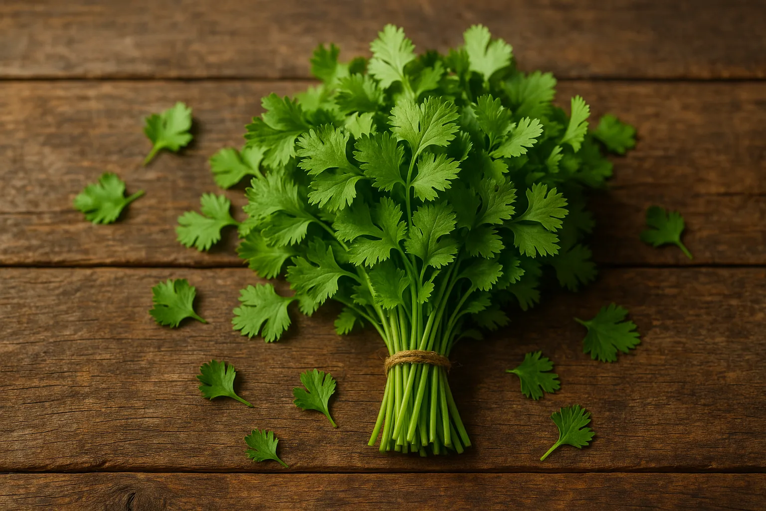 Cilantro fresco sobre mesa rústica de madera - 23 calorías por 100 g