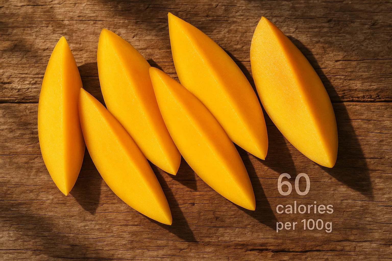 Fresh mango slices on rustic wooden table - 99 calories per cup