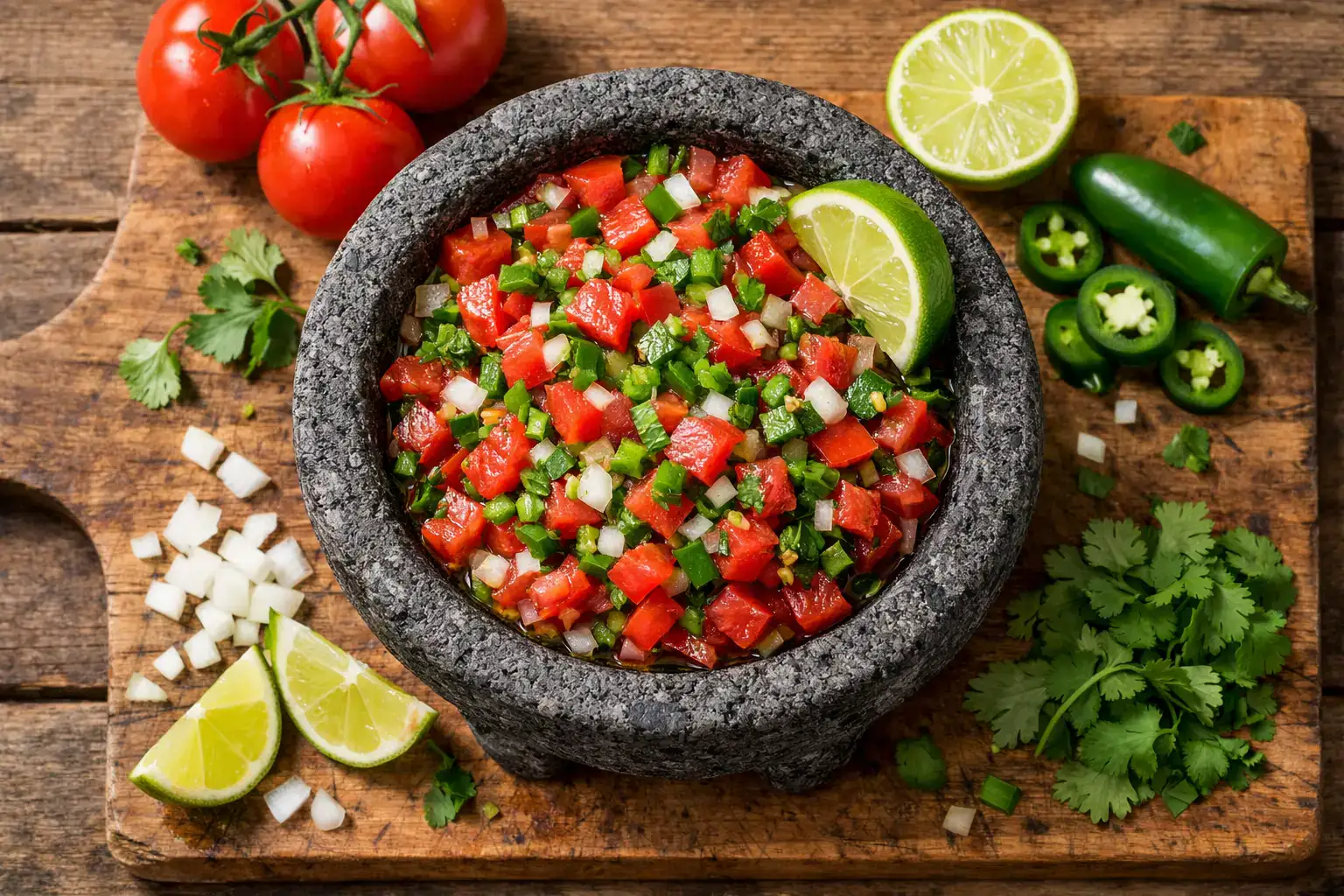 Frische hausgemachte Salsa auf rustikalem Holztisch - 10 Kalorien pro 2 Esslöffel