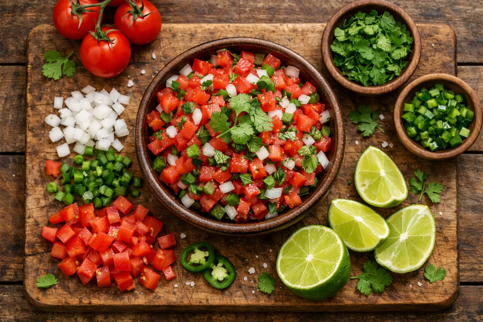 Fresh pico de gallo salsa on rustic wooden table - 26 calories per 100g