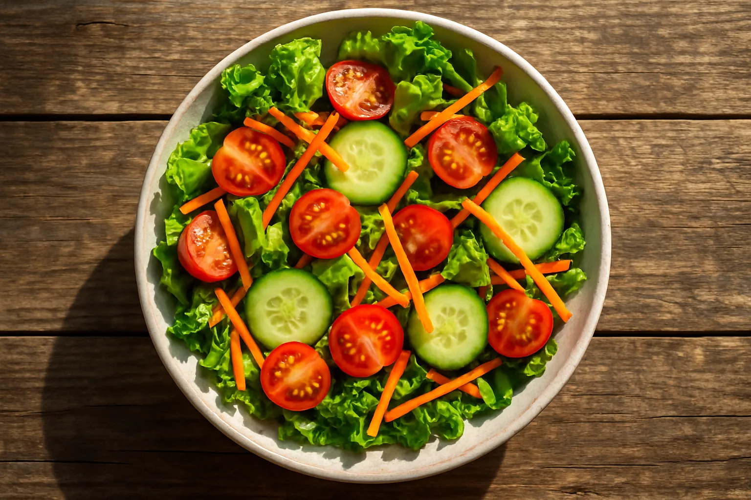 Bunter frischer Gemüsesalat mit Kopfsalat, Tomaten, Gurken und Karotten auf rustikalem Holztisch - 25 Kalorien pro Tasse