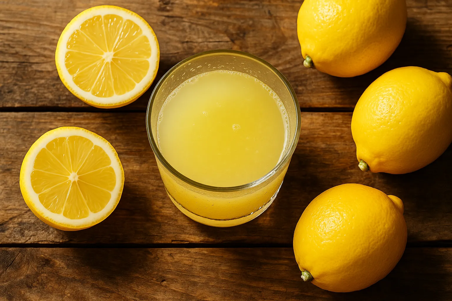 Zumo de limón fresco en vaso sobre mesa de madera rústica - 22 calorías por 100ml