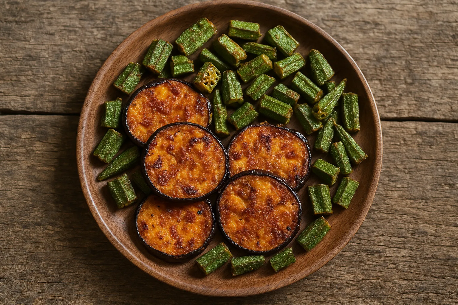 Frisch gebratene Aubergine und Okra auf rustikalem Holztisch - 220 Kalorien pro 100 g