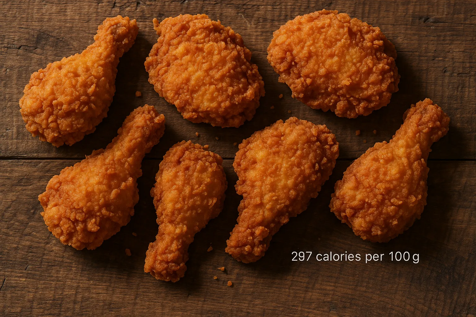 Frittierte Hähnchenteile auf rustikalem Holztisch - 297 Kalorien pro 100g