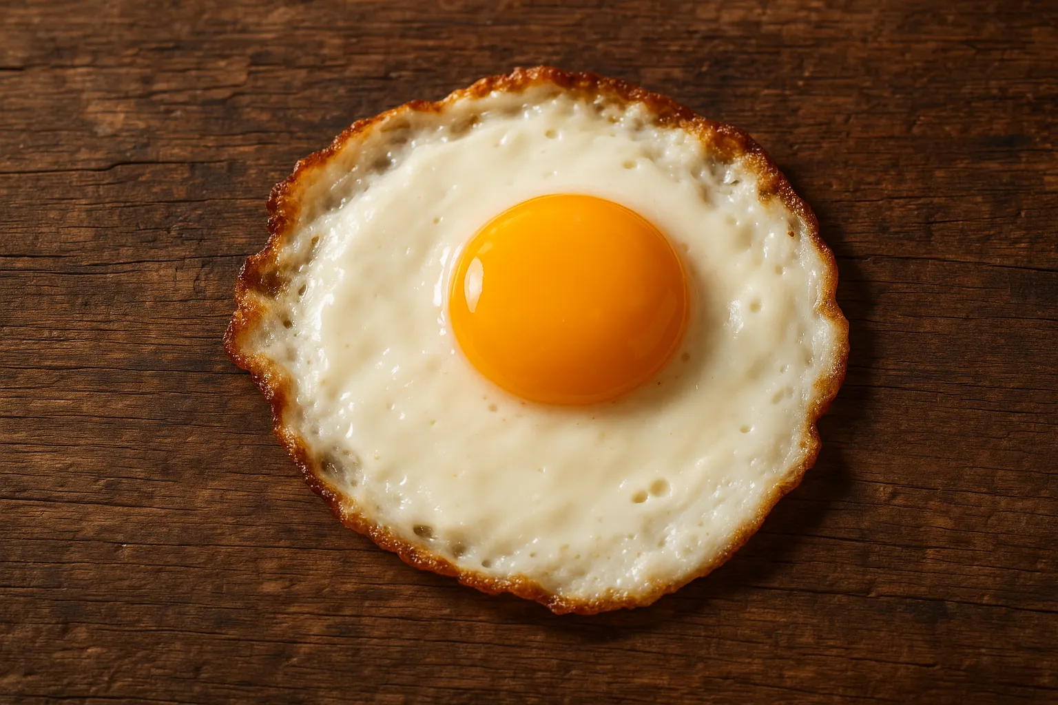 Œuf frit frais sur table rustique en bois - 196 calories par gros œuf