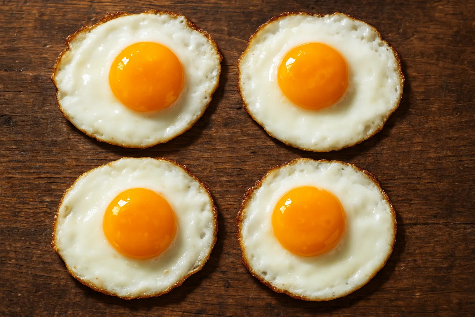 Frische Spiegeleier auf rustikalem Holztisch - 90 Kalorien pro großem Ei