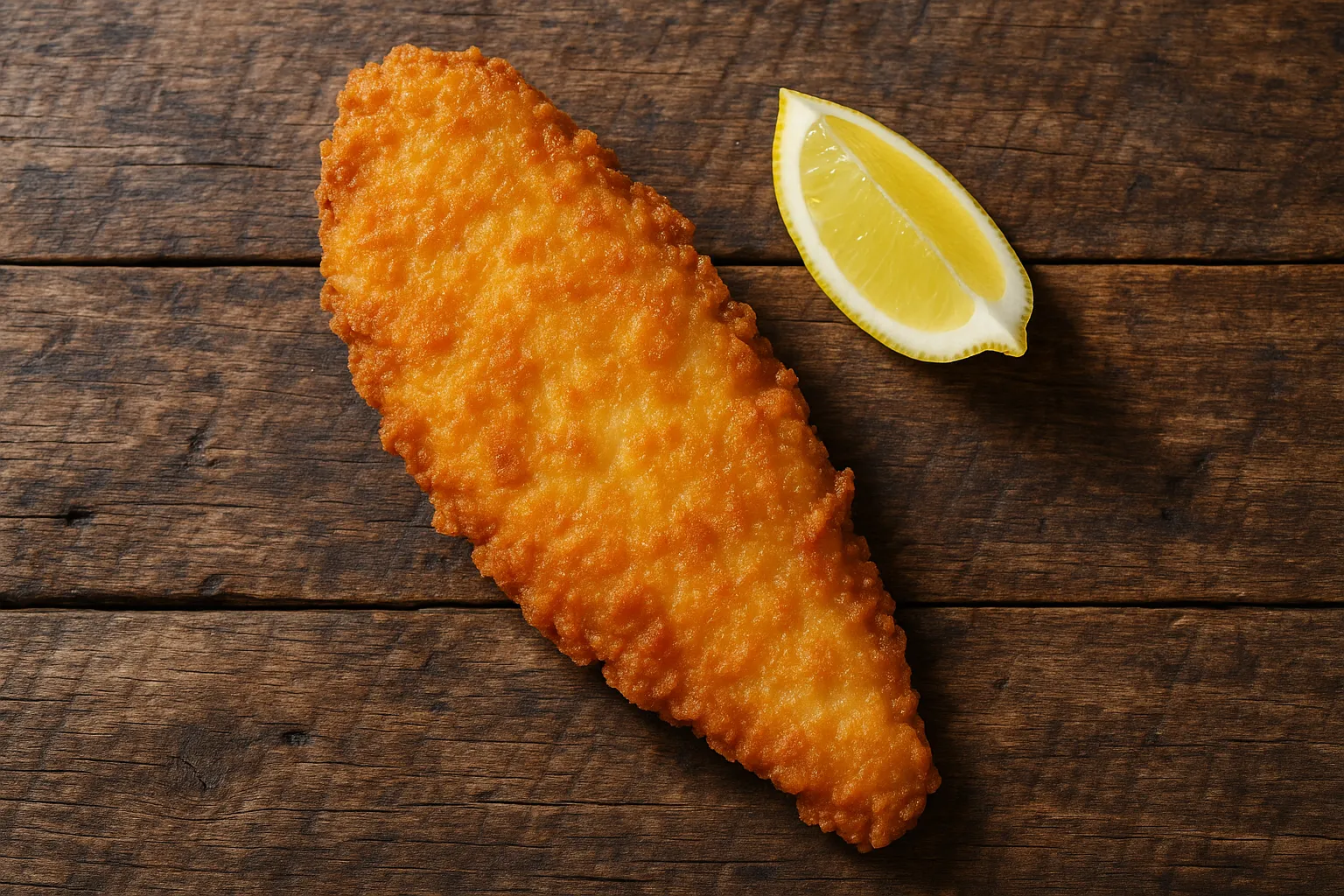 Crispy fried fish on rustic wooden table - 200 calories per 100g