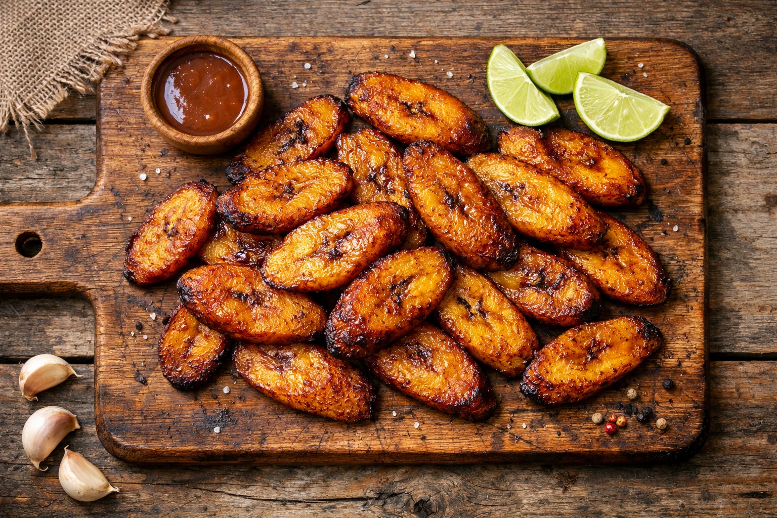 Frische gebratene Kochbananenscheiben auf rustikalem Holztisch - 236 Kalorien pro 100 g Portion