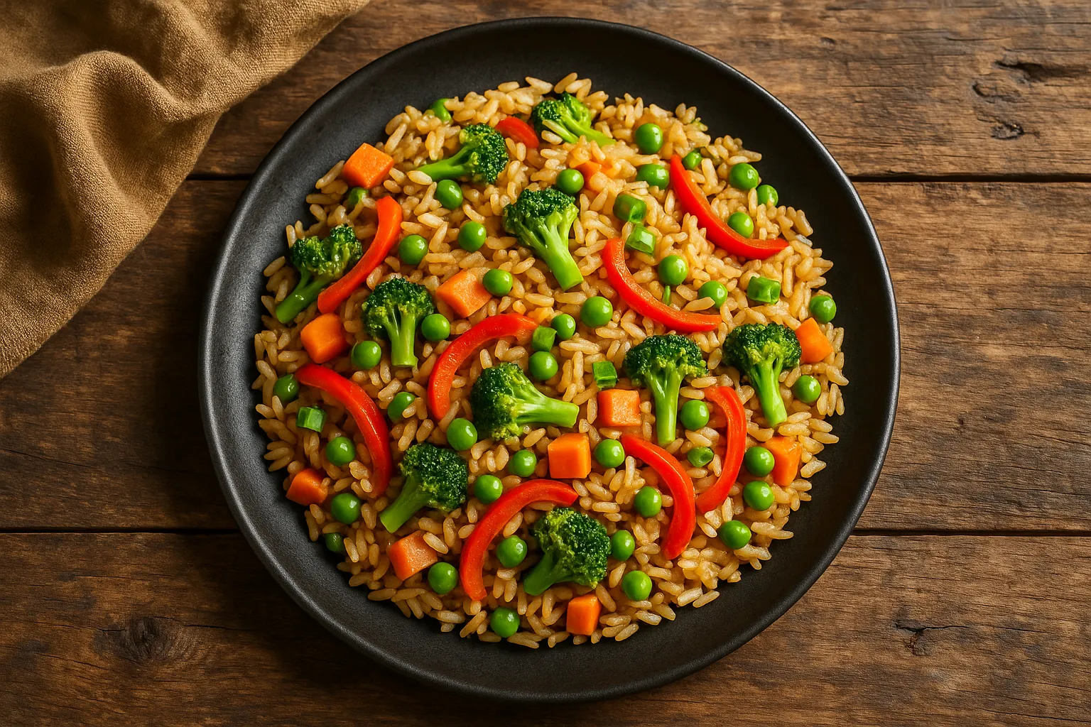 Fresh fried rice on rustic wooden table - 174 calories per 100g