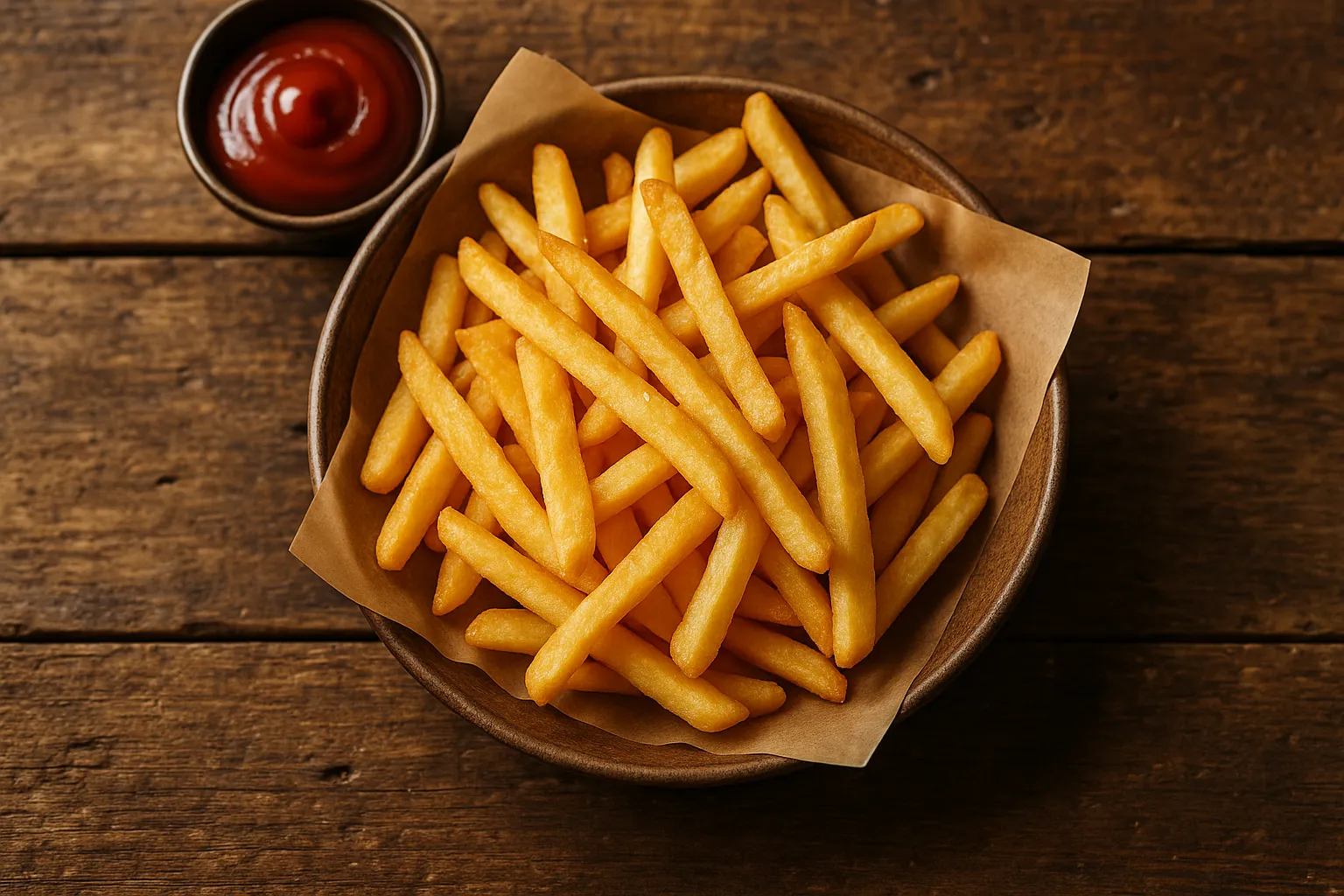 Fresh golden fries on rustic wooden table - 312 calories per 100g
