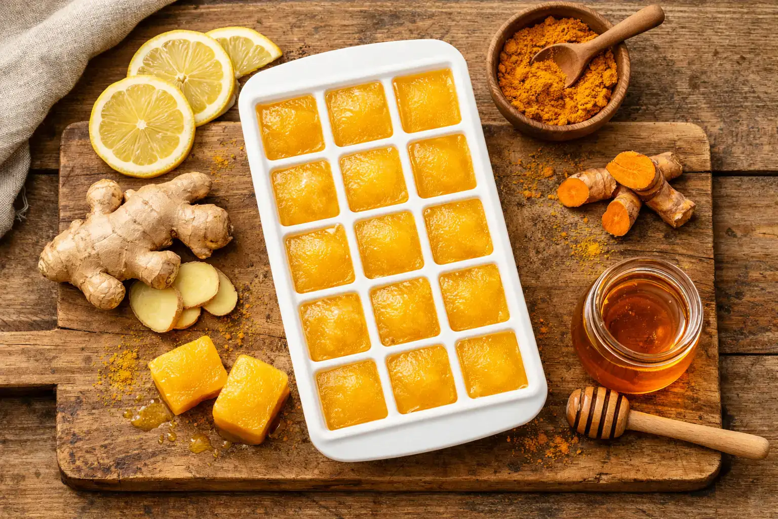Fresh frozen lemon ginger turmeric shots on rustic wooden table - 20 calories per 2 oz shot