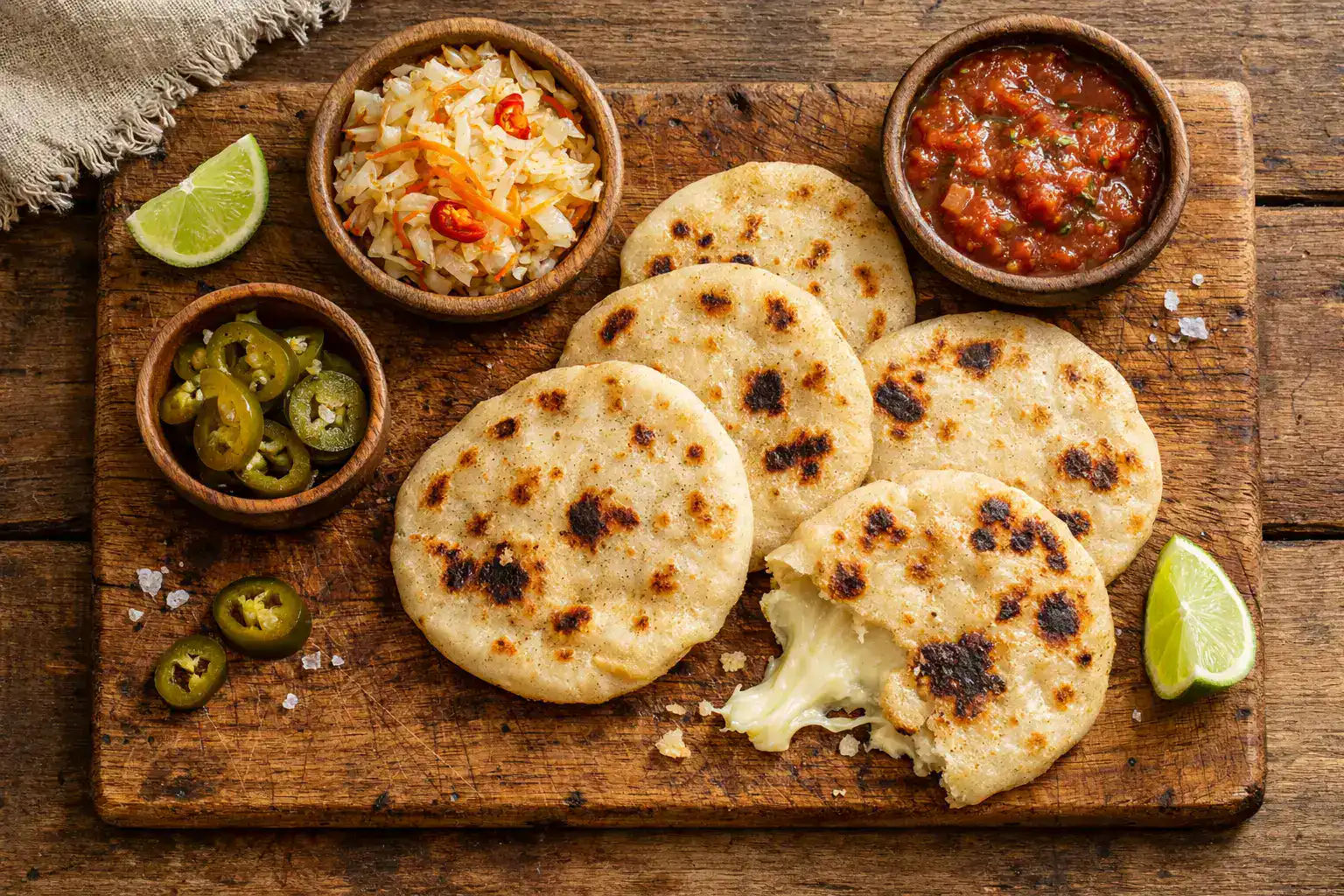 Frische salvadorianische Pupusas auf rustikalem Holzbrett - 220 Kalorien pro Pupusa