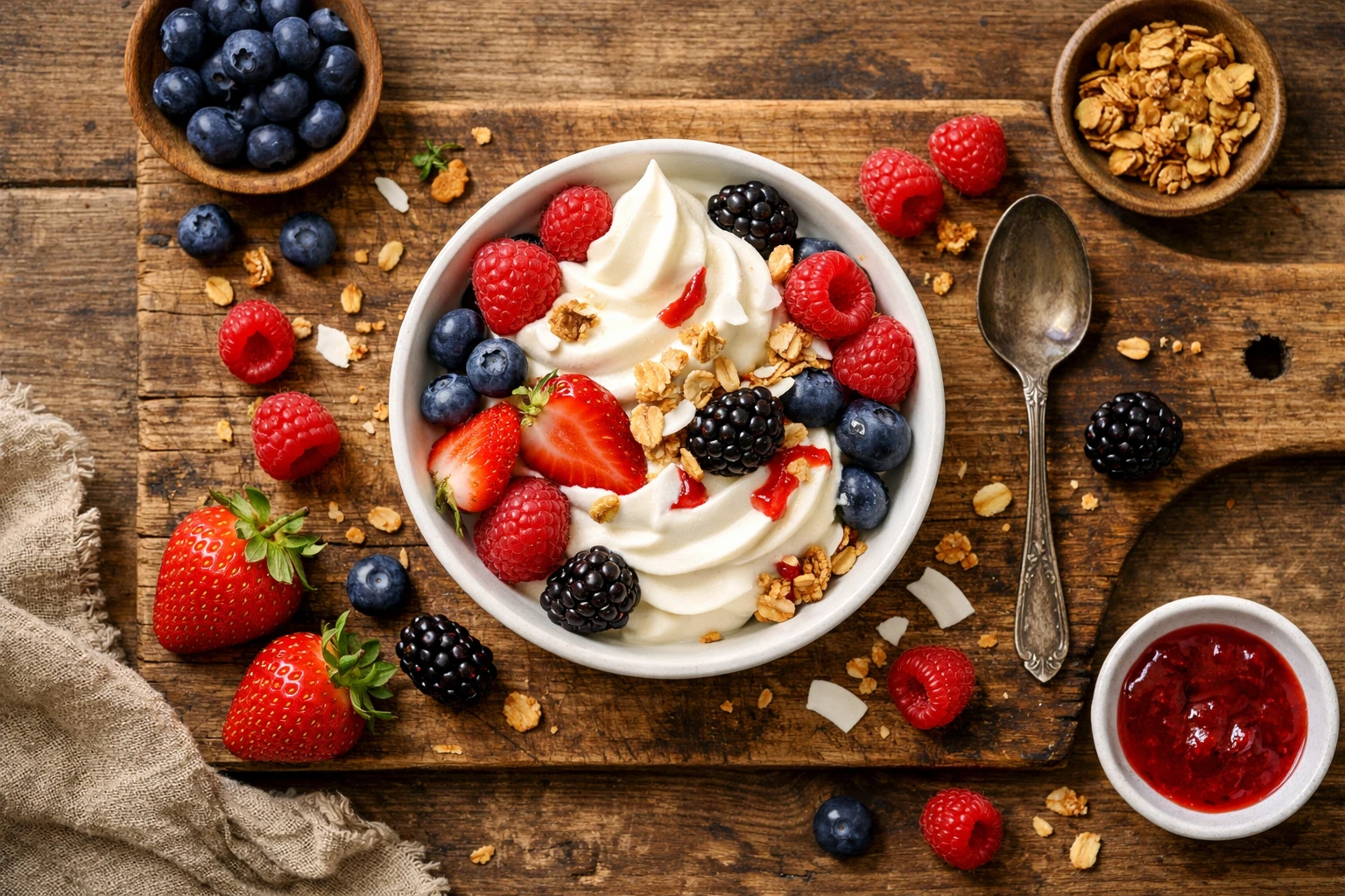 Frischer Frozen Yogurt mit Beeren auf rustikalem Holztisch - 127 Kalorien pro 100 g