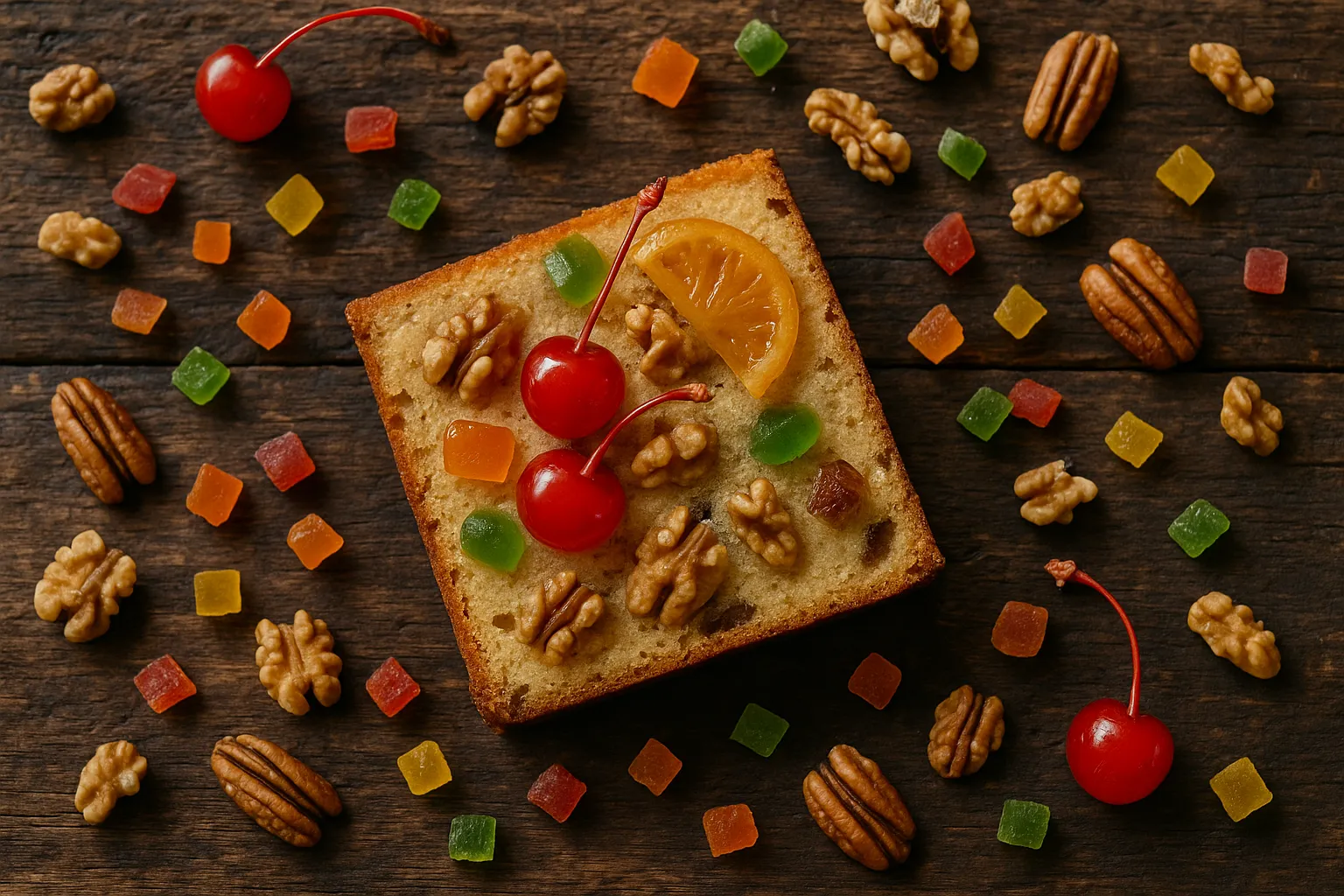 Fresh fruit cake slice on rustic wooden table - 247 calories per slice
