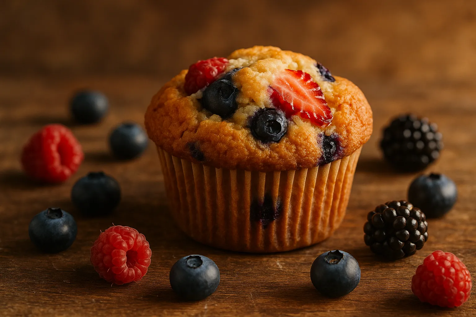 Fresh fruit muffin on rustic wooden surface - 180 calories per standard muffin