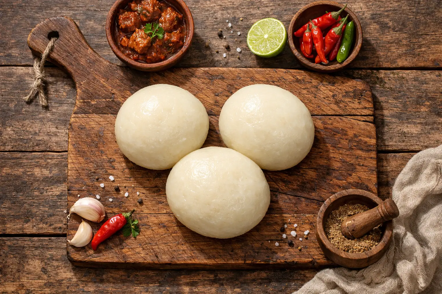 Fresh fufu on rustic wooden table - 166 calories per 100g