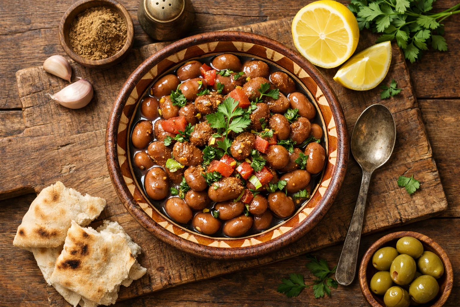 Fresh Ful Medames on rustic wooden table - 210 calories per cup