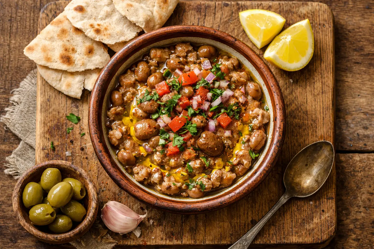 Fresh ful medames in traditional bowl with olive oil and lemon - 210 calories per cup