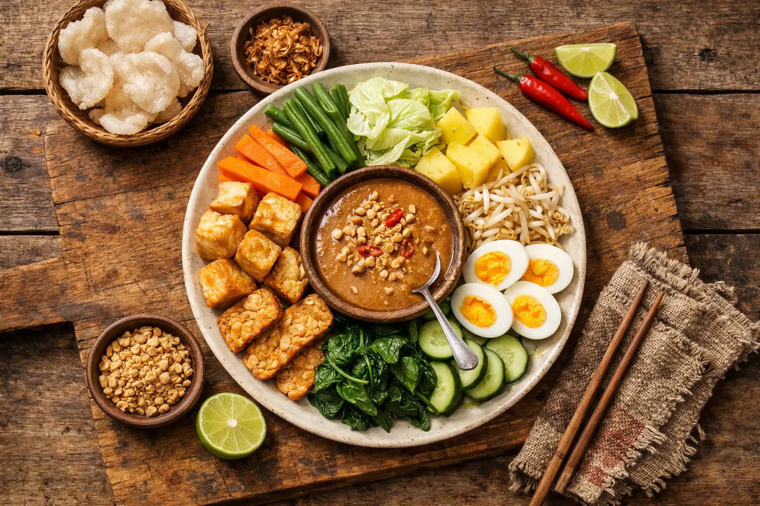Ensalada indonesia gado-gado fresca sobre mesa rústica de madera - 315 calorías por taza