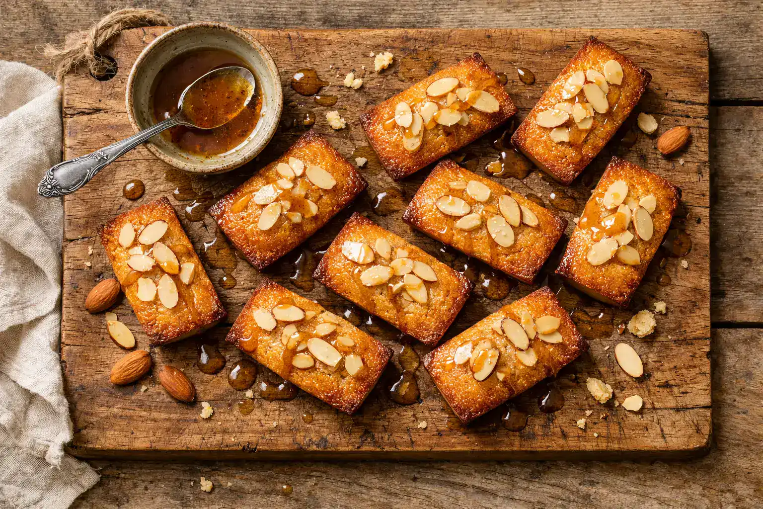 Fresh brown butter financiers on rustic wooden table - 180 calories per piece