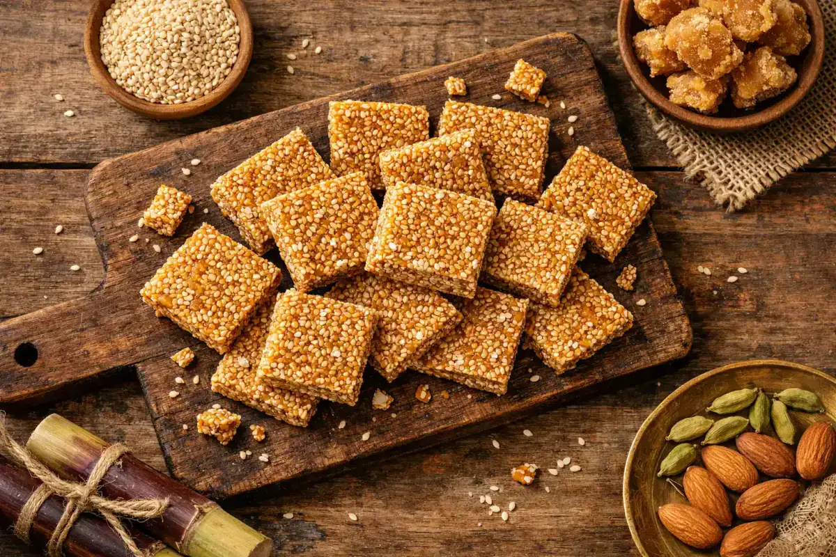 Gajak fresco, turrón de sésamo y jaggery sobre una mesa de madera rústica - 135 calorías por pieza