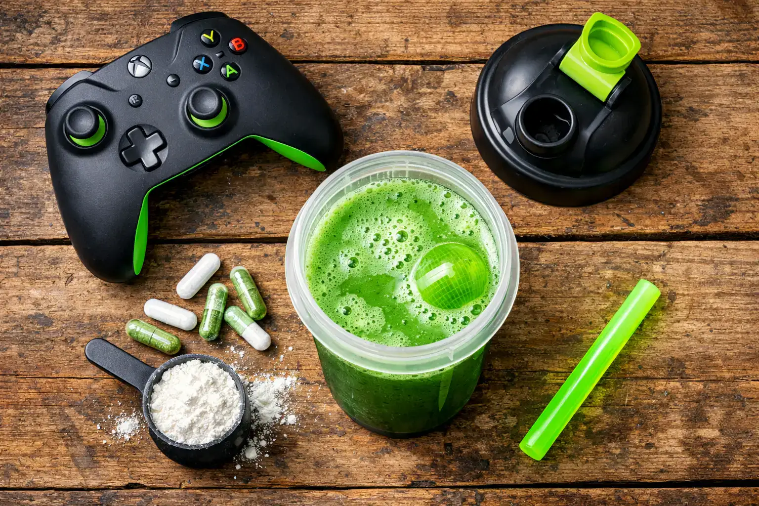 Gamer focus supplement powder and capsules on rustic wooden table - 5 calories per serving