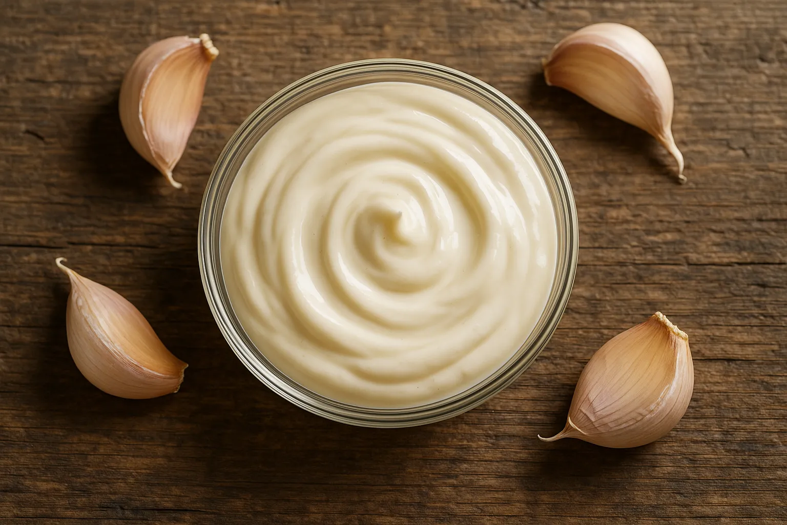 Frische Knoblauchmayonnaise auf rustikalem Holztisch - 100 Kalorien pro Esslöffel