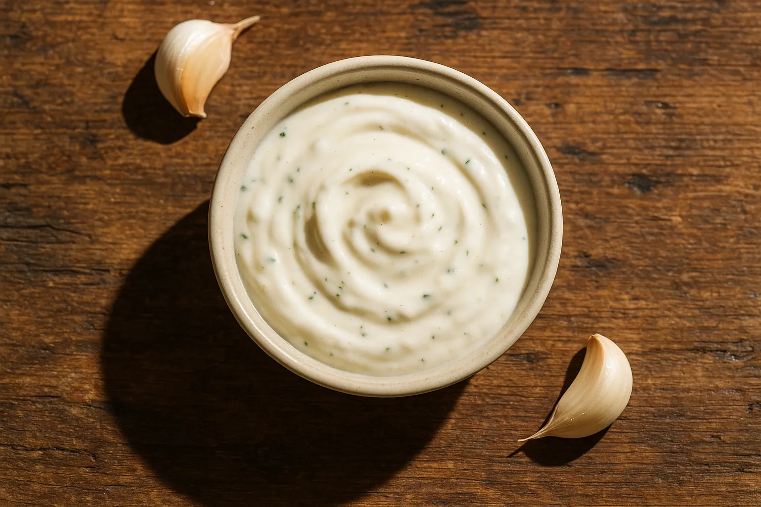 Fresh garlic yogurt dressing on rustic wooden table - 95 calories per 100g