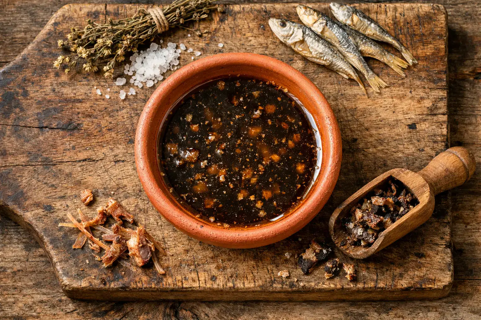 Garum fresco, salsa de pescado fermentada, sobre mesa de madera rústica - 6 calorías por cucharada