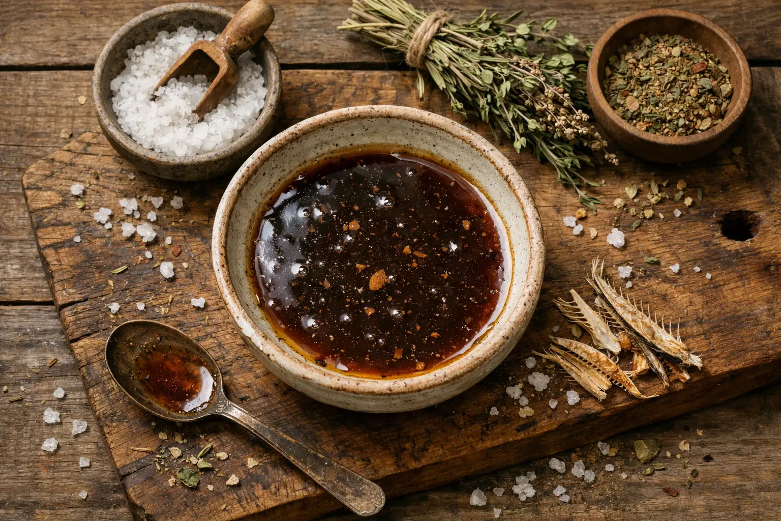 रस्टिक वुडन टेबल पर ताज़ा गैरम फर्मेंटेड फिश सॉस - प्रति टेबलस्पून 6 कैलोरी