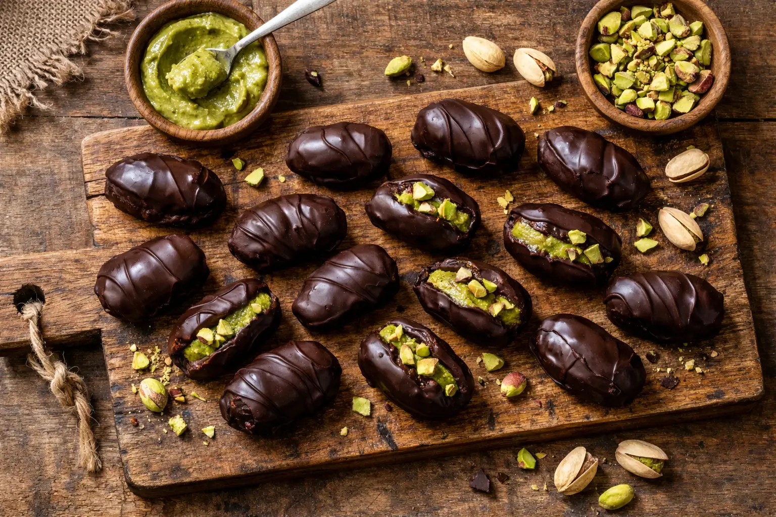 Fresh dark chocolate covered dates with pistachio butter on rustic wooden table - 120 calories per date