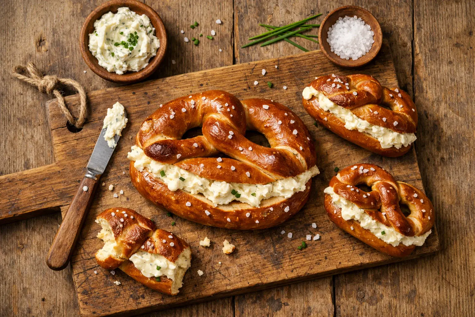 Fresh German cheese-filled pretzel on rustic wooden table - 280 calories per pretzel