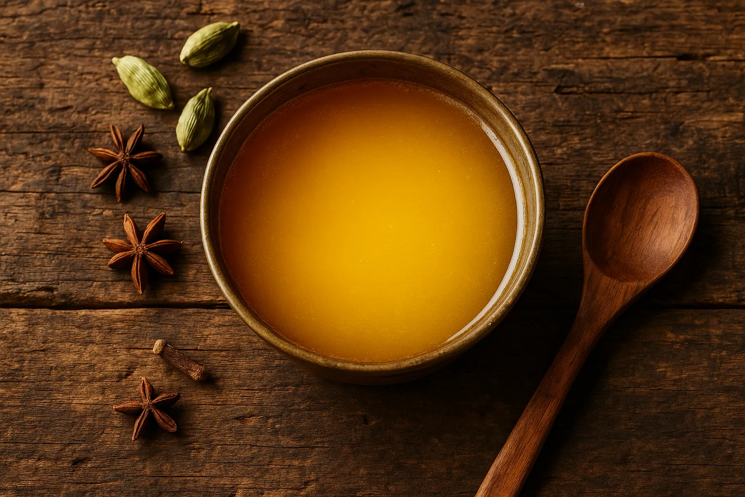 Fresh ghee in brass container on rustic wooden table - 120 calories per tablespoon