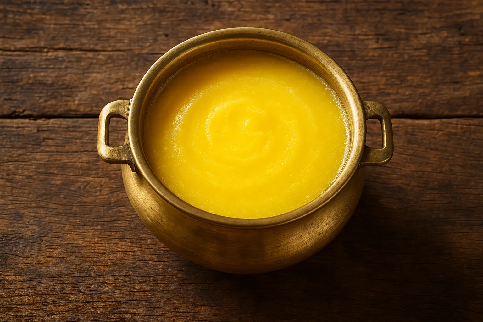 Ghee fresco en recipiente de latón sobre mesa rústica de madera - 120 calorías por cucharada