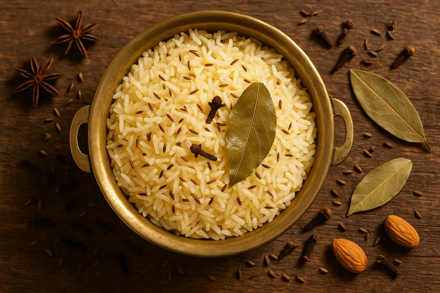 रस्टिक लकड़ी की टेबल पर ताजा सुगंधित घी चावल - प्रति 100 ग्राम 150 कैलोरी