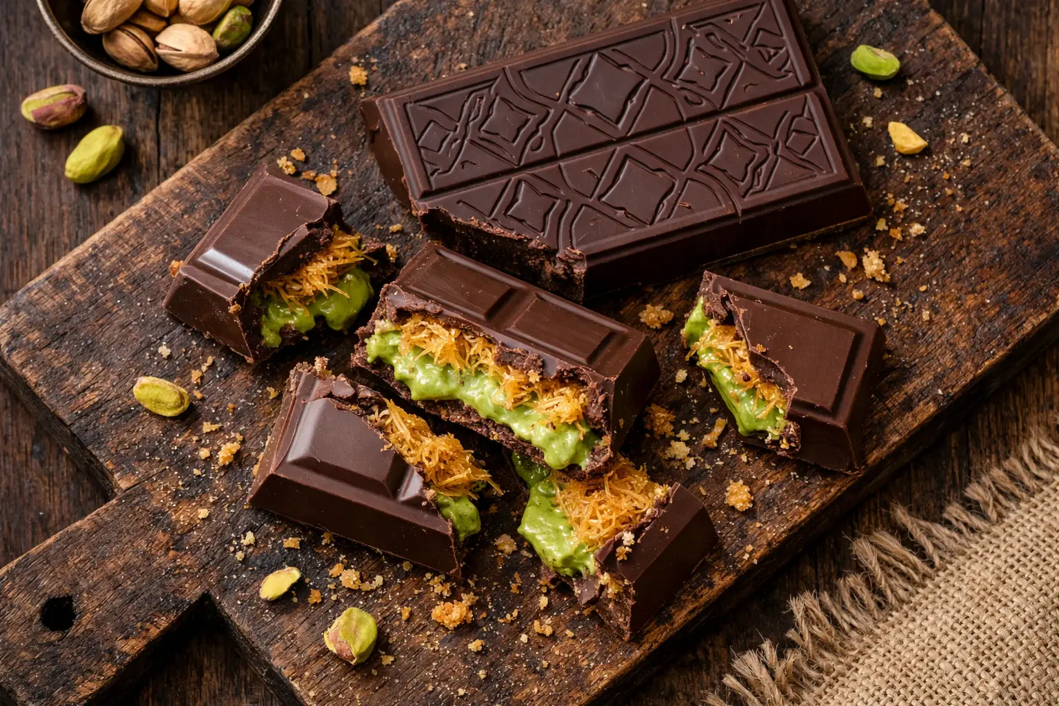 Frischer Ghirardelli Dubai Style Schokoladenriegel auf rustikalem Holztisch - 190 Kalorien pro 3-Stück-Portion