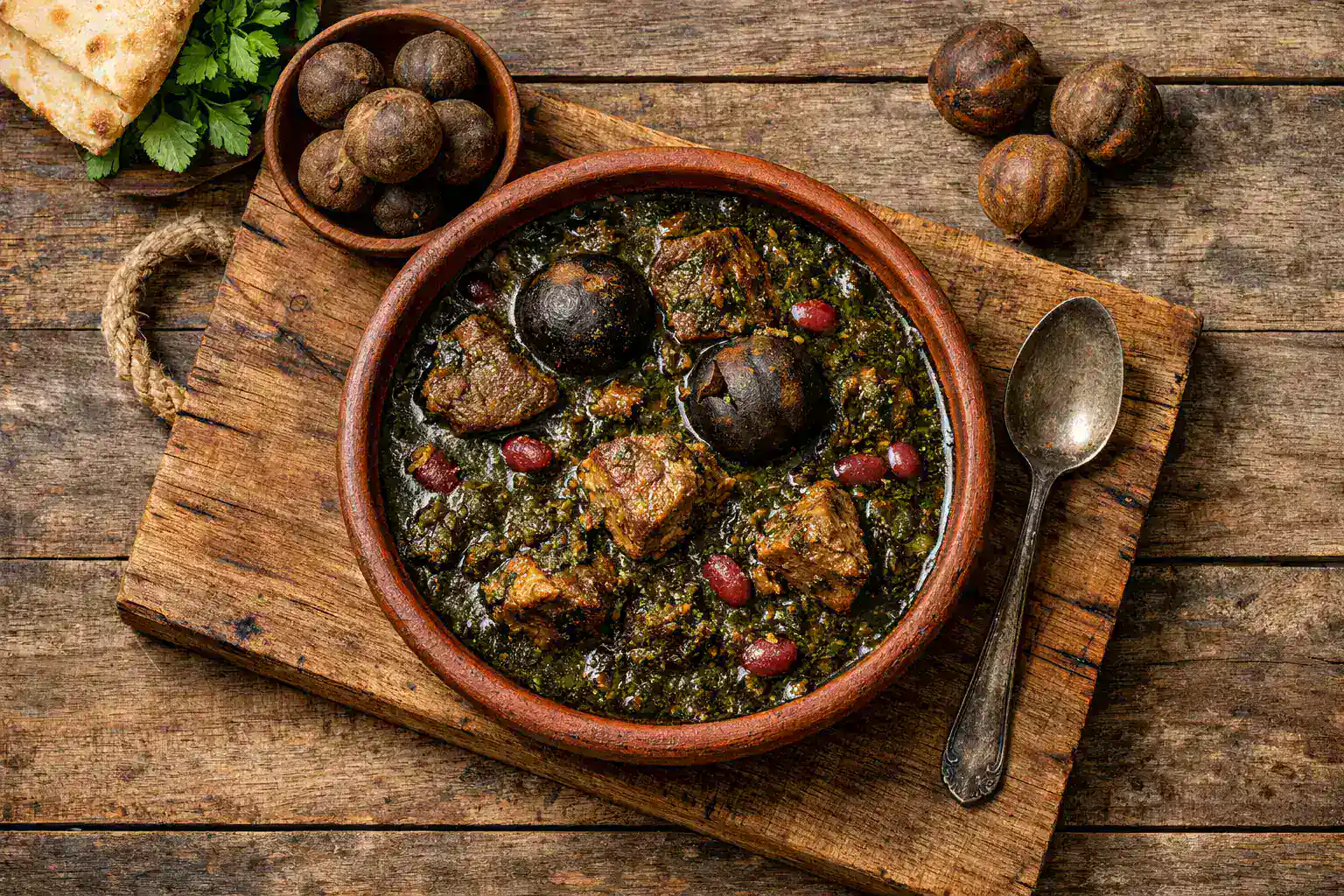 Ghormeh sabzi frais, ragoût persan aux herbes sur table en bois rustique - 320 calories par portion
