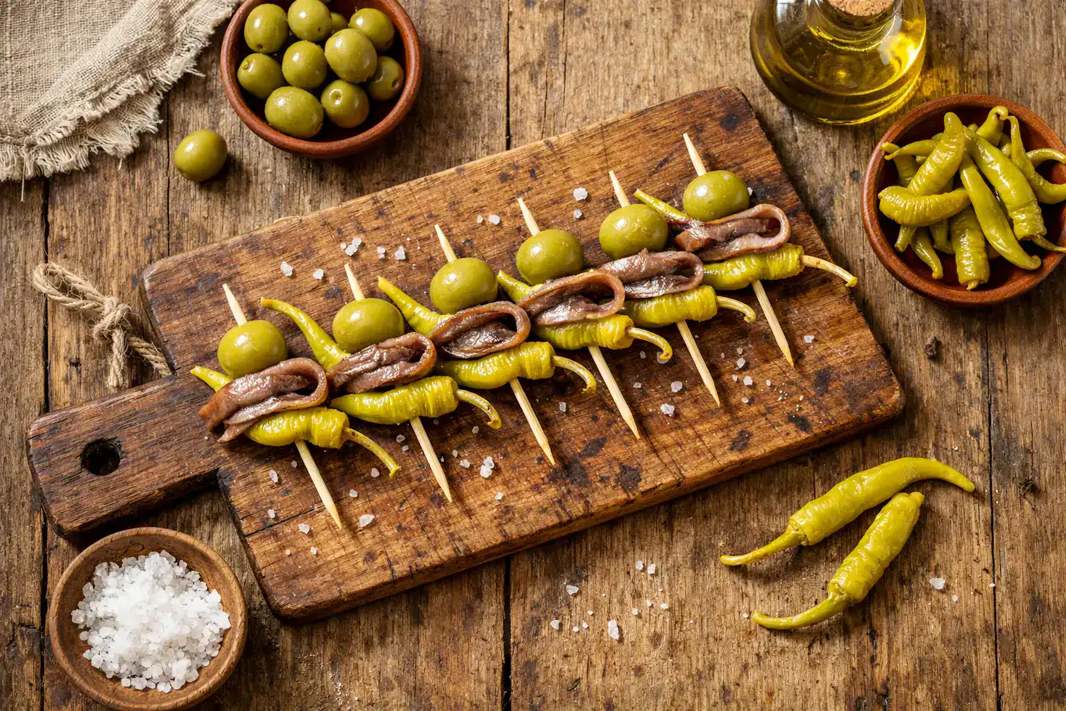 Gilda pintxo fresca sobre mesa rústica de madera - 50 calorías por pincho