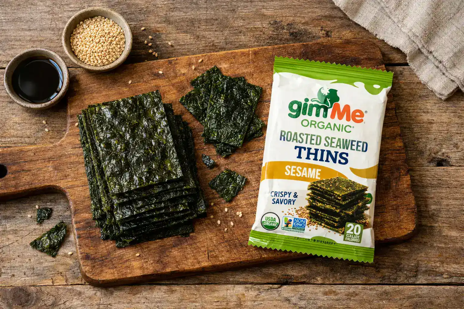 Fresh gimMe Roasted Seaweed Thins on rustic wooden table - 30 calories per 10g pack