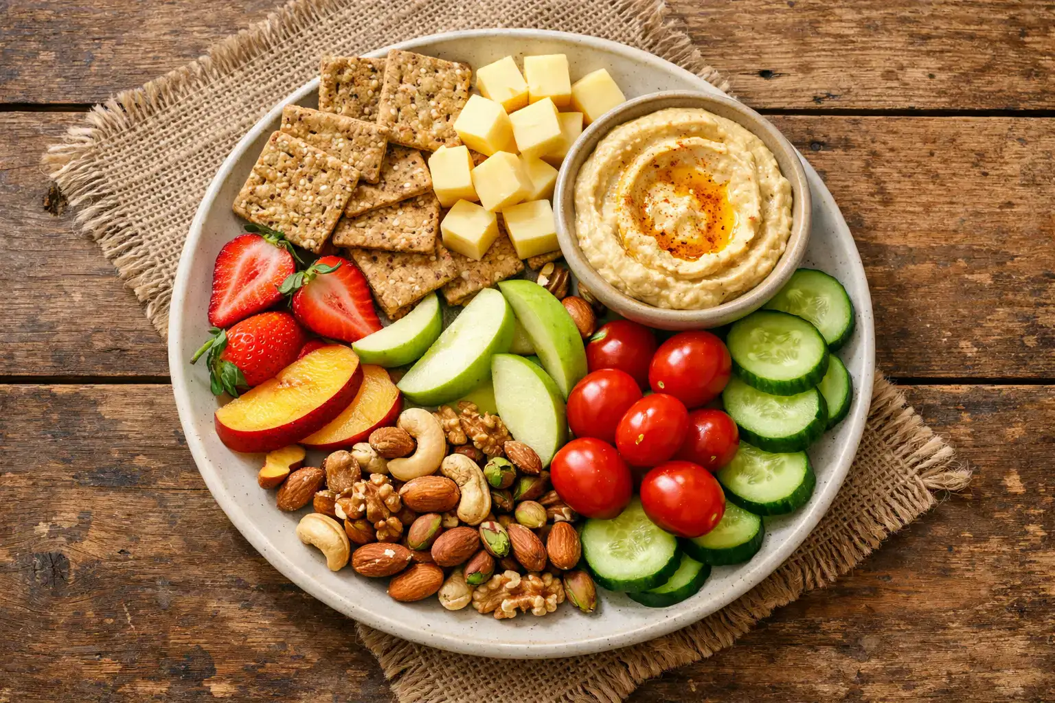 Plato de picoteo girl dinner equilibrado sobre mesa de madera rústica - 350 calorías por plato