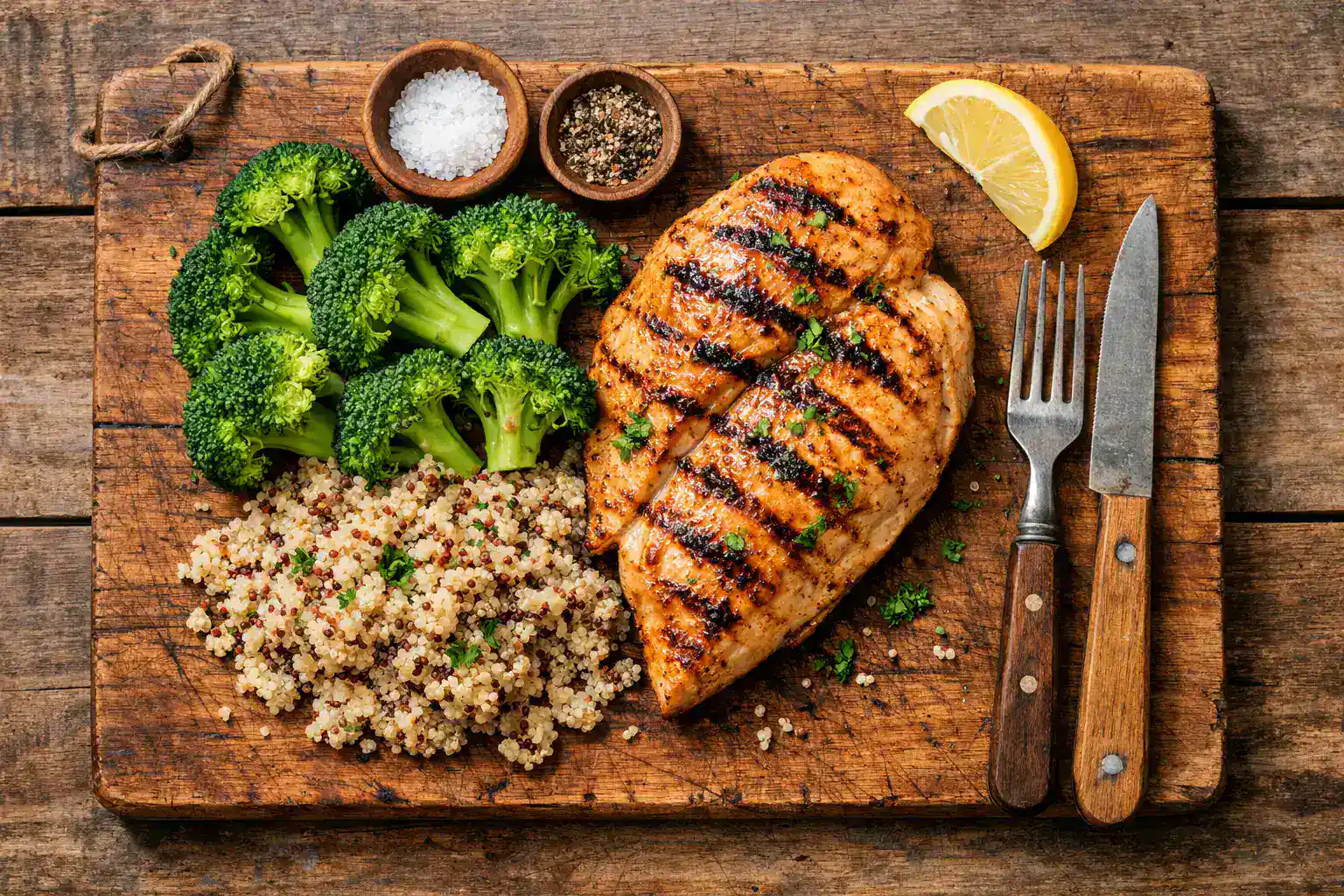 ताज़ा GLP-1 फ्रेंडली हाई प्रोटीन मील लकड़ी की टेबल पर - 300 कैलोरी प्रति सर्विंग