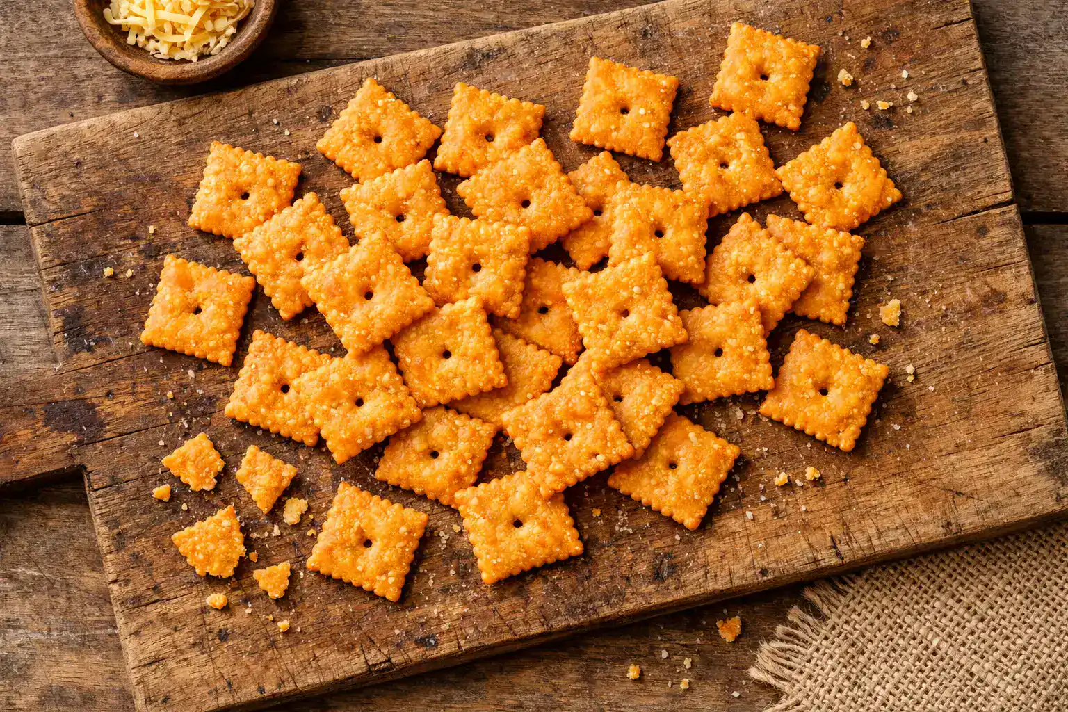 Fresh gluten free cheez-its on rustic wooden table - 150 calories per 30g serving