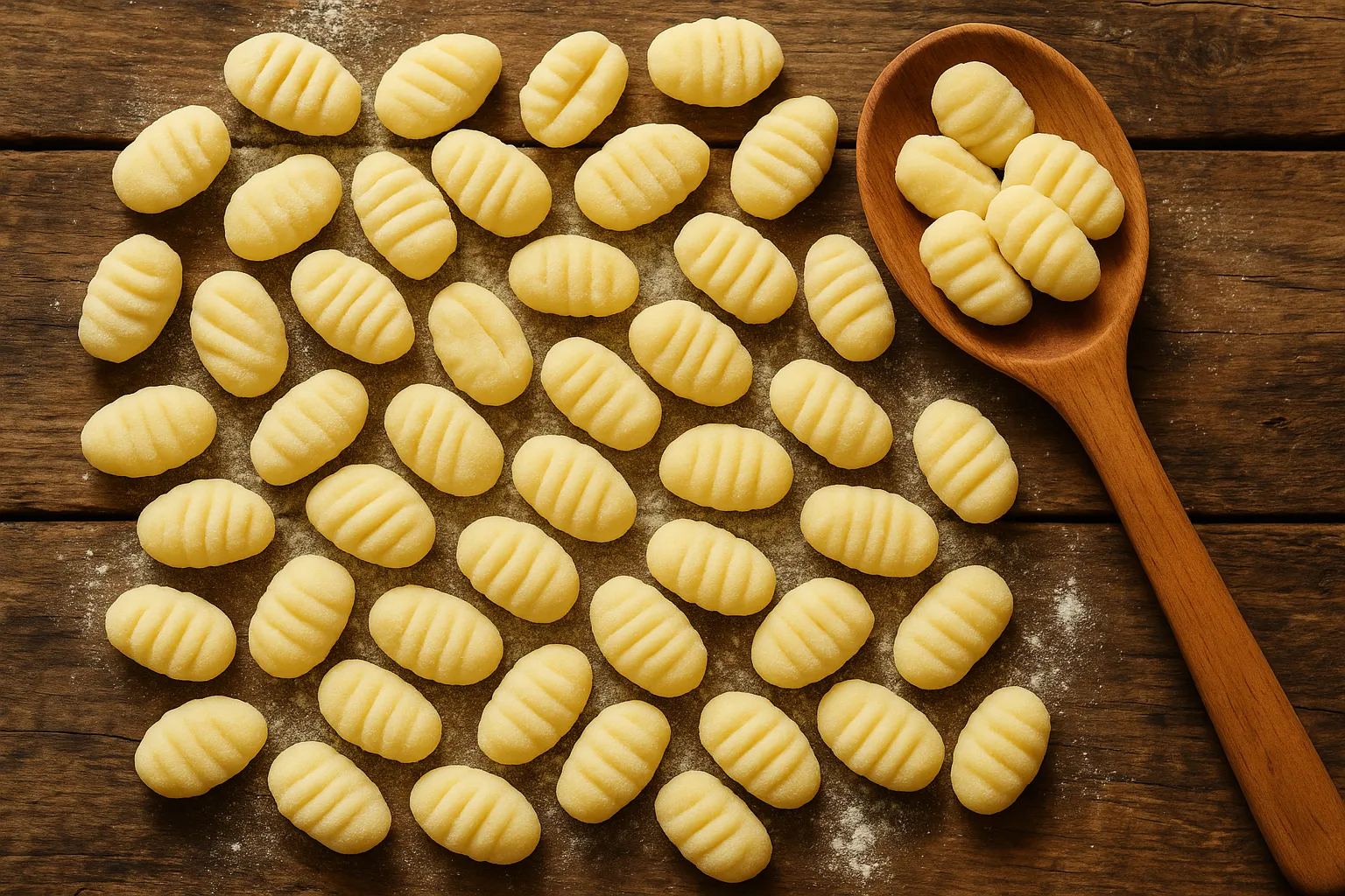 Fresh gnocchi on rustic wooden table - 183 calories per serving
