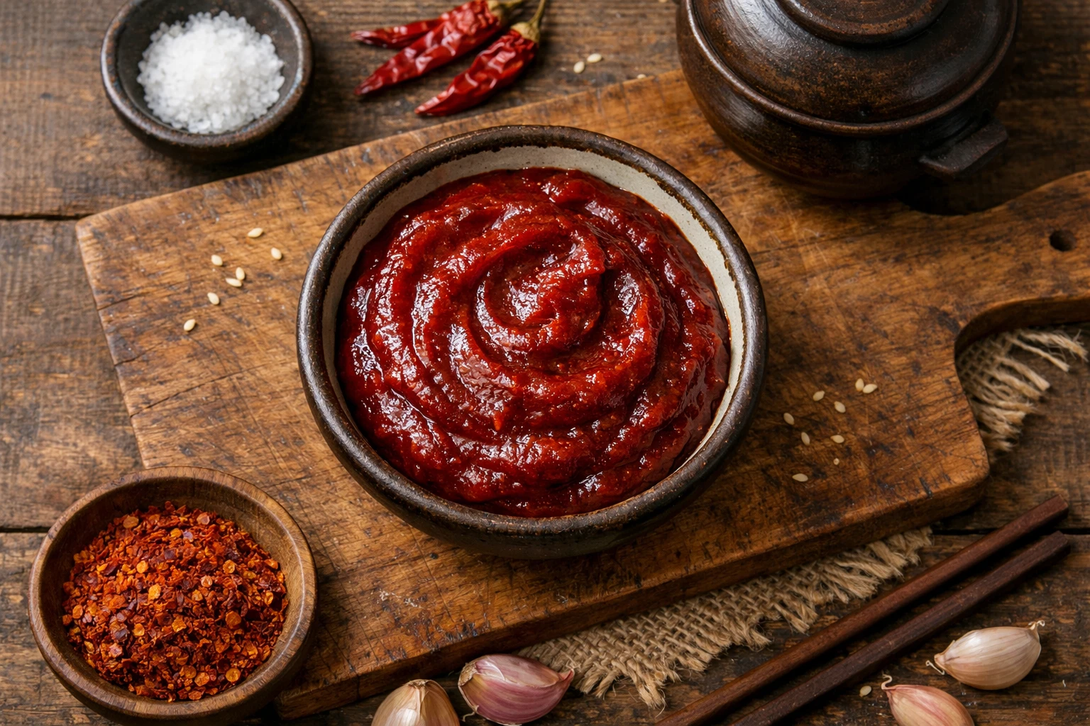 Fresh gochujang in ceramic bowl on wooden table - 40 calories per tablespoon