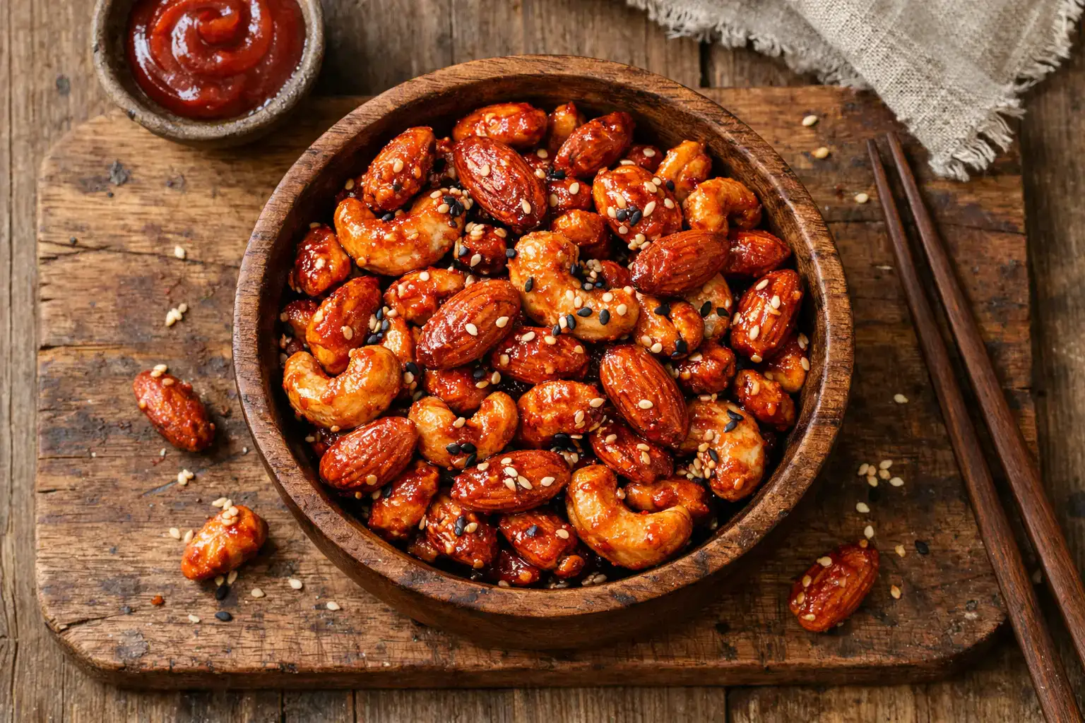 Mélange frais de noix au gochujang sur table en bois rustique - 150 calories par portion