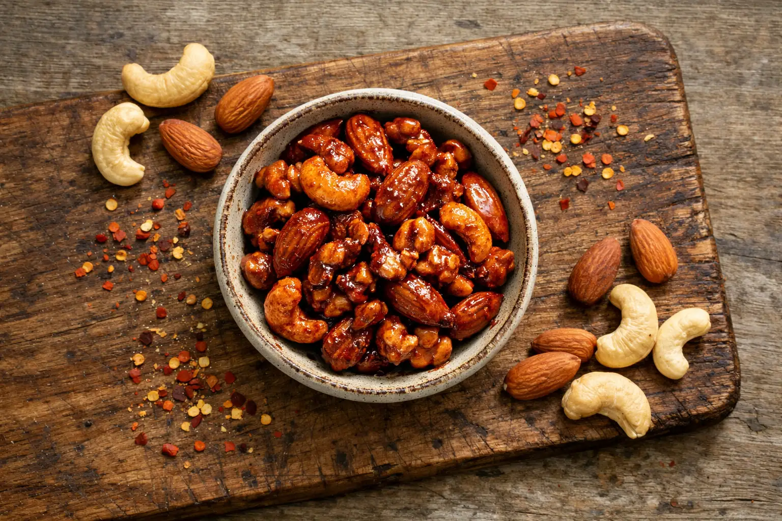 Fresh gochujang nut mix on rustic wooden table - 190 calories per 30g serving