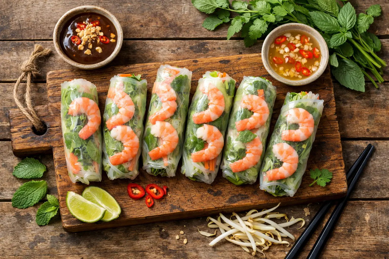 Frische vietnamesische Sommerrollen Gỏi Cuốn auf rustikalem Holztisch - 55 Kalorien pro Rolle