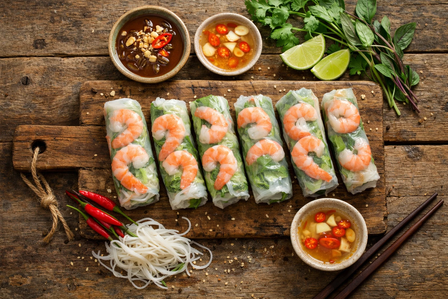 Fresh Vietnamese spring rolls with shrimp on rustic wooden table - 55 calories per roll