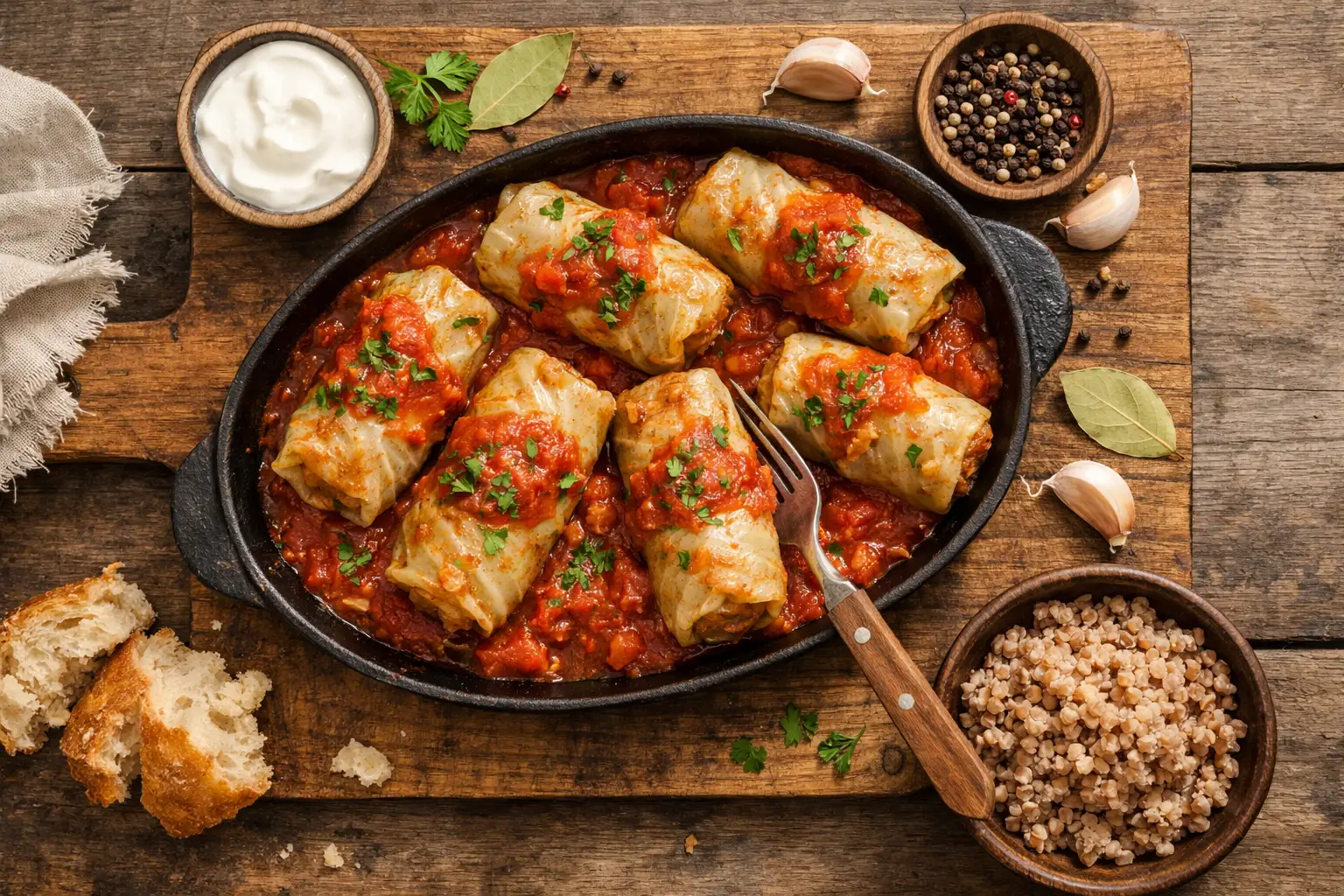 Frische Golabki polnische Kohlrouladen auf rustikalem Holztisch - 220 Kalorien pro Rolle