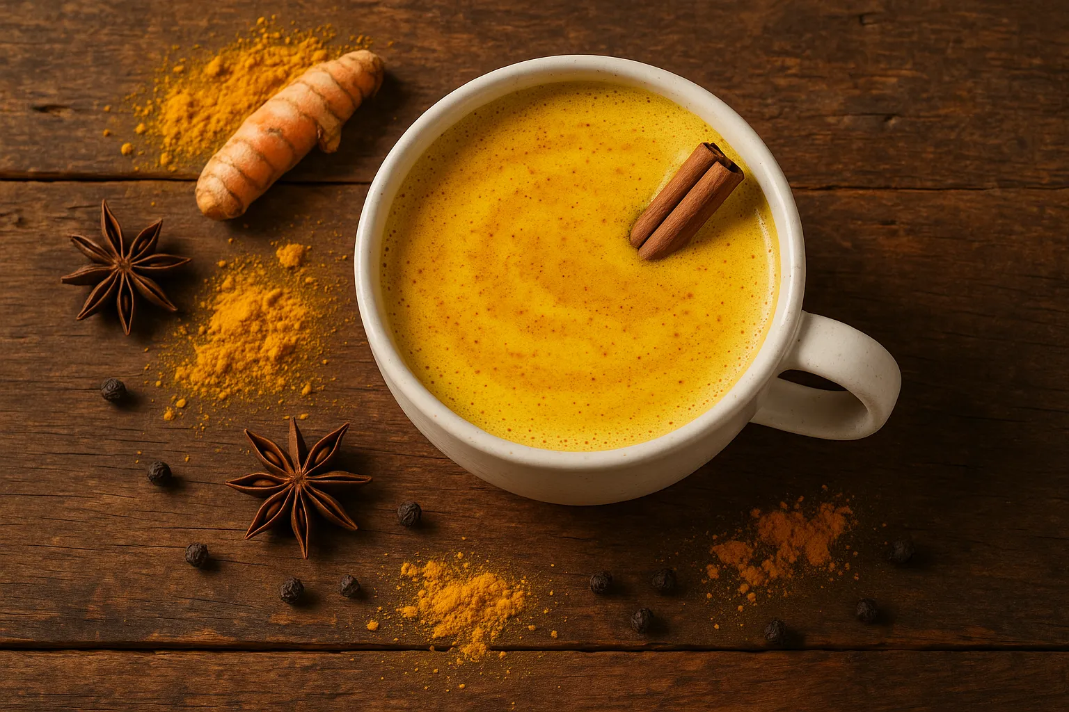 Latte dorado con cúrcuma, canela y especias sobre fondo de madera - 156 calorías por taza